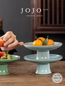 Jojos Ceramic Tea Snack Plate Dining Utensils round Food Ingredient Plate Chinese Ancient Style Flat Edge Fruit Bowl