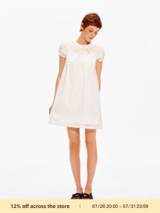 Retro Layered Yoke Puff Sleeves Cotton Dress