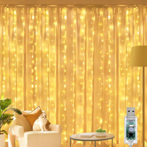 300 LED Fairy Curtain Lights for Bedroom 3M x 3M Copper Wire Curtain String Lights USB Powered 8 Modes Waterproof Christmas Curtain Light with Remote for Xmas Party Wedding Decoration