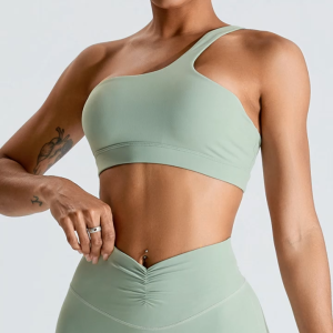 New slanted single-shoulder yoga bra womens sports underwear beautiful back quick-drying running tight fitness wear top  TM0165-A