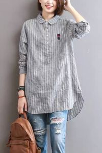 Womens Spring Autumn Middle Length Stripe Cotton Linen Shirt Long Sleeve Linen Top Polo Collar Button Detail Straight Cut