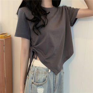 JIFANPAUL | Irregular Drawstring Short Sleeve T-shirt for Women Fashionable Student Crop Top