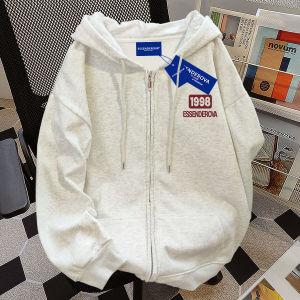 เสื้อแจ็คเก็ตคาร์ดิแกนเปิดสไตล์อเมริกันสำหรับผู้หญิง ฤดูใบไม้ผลิและฤดูใบไม้ร่วง หลวมๆ คู่รัก ดีไซน์ซิป ลายตัวอักษร เสื้อกันหนาวแบบสวมหัว