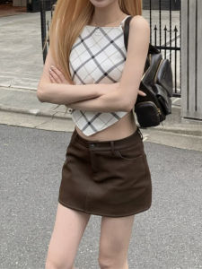 Slimming PU Leather Mini Skirt High Waist A-Line Womens Spring Autumn Retro Anti-Light Short Skirt Half Body Skirt