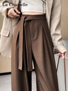 La Chapelle Brown Wide Leg Pants Womens Autumn New Old Money Style Design Sense Tie Drag Suit Pants High Waist Straight Cut