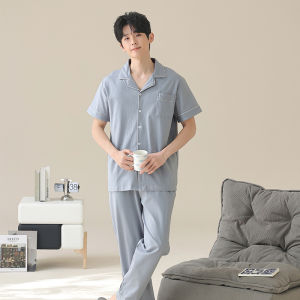miiow | Pure Cotton Short Sleeve Sleepwear Mens Lightweight Shirt Collar Home Clothes Set Spring Summer Breathable Comfortable Mens Pajamas