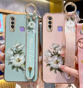 Vivo Y5s Y7s Silicone Phone Case Full Cover Anti-Fall Wristband Flower Pattern Soft Shell Protective Cover Eco-Friendly