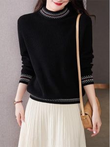 WANGGONGZHU | French Style Woolen Knitted Base Shirt Womens Half High Collar Autumn Winter Inner Wear Striped Fashion Top Princess Style