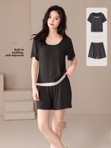 MiiOW | Ice Silk Sleepwear Womens Short Sleeve With Chest Pad 2025 New Summer Outfit Home Clothes Set Comfortable Breathable Polyester Fiber