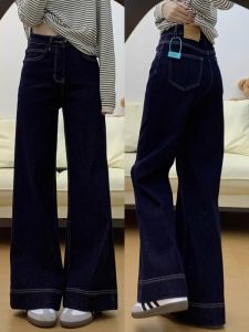 กางเกงยีนส์ทรงหลวมเอวสูงสำหรับผู้หญิง กางเกงขายาวทรงหลวมสีน้ำเงินเข้ม กางเกงขายาวทรงกระบอกแบบลำลองสำหรับฤดูใบไม้ร่วงและฤดูหนาว