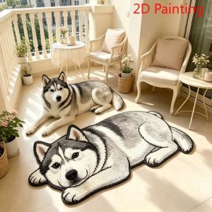 VIKAMA Husky Dog Shaped Plush Area Rug Washable Anti Slip Alfombra For Bedroom Balcony Pet Lover Cute Home Decor