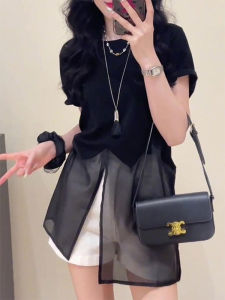 Shalldoer | เสื้อยืดแขนสั้นผ้าตาข่ายสีดำหรูหราสำหรับผู้หญิง ฤดูร้อน 2025 เสื้อตัวบนทรงหลวมสบาย ๆ สไตล์ลำลอง คอกลม