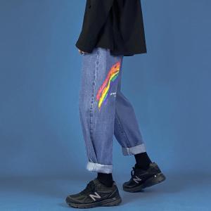 กางเกงยีนส์ทรงหลวมสไตล์ย้อนยุคสไตล์อเมริกันสำหรับผู้หญิงในฤดูใบไม้ผลิและฤดูใบไม้ร่วง กางเกงขายาวทรงเอวสูง สีน้ำเงิน