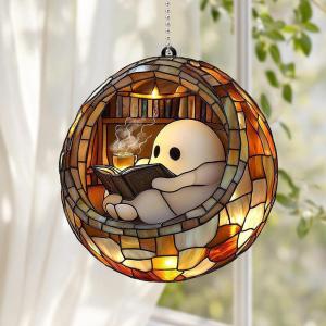 Halloween Ghost Reading Book Window Suncatcher Hanging Colorful Shadow Acrylic Window Hanging Ornament 2D Ghost Reading Book