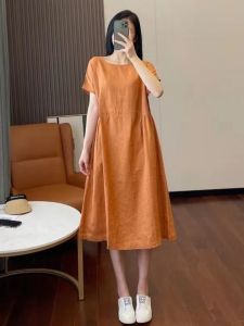 Summer New Womens Cotton Dress Artistic Loose Midi Skirt Short Sleeve High Waist A-Line Cotton Gown Casual round Neck Dress