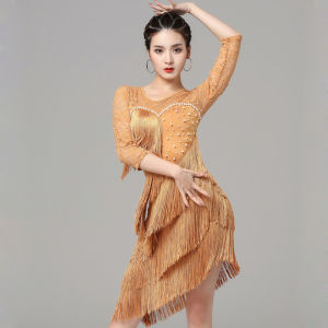 Women Dance Clothes Ballroom Dress Samba Pearls Costume Party Tassels Dresses Stretchy One-piece Fringes Latin Dress Lace