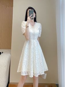 Elegant Lace A-Line Dress Summer 2025 Short Sleeve V-Neck Waist-Cinching Slimming High Waist Polyester Fiber Casual Zipper Style