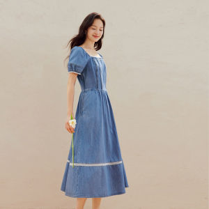 INMAN | Lyocell Lace Square Neck Puffed Sleeve Dress