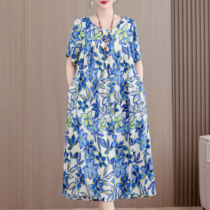 Floral Print Midi Dress Mom Cotton Silk Loose Fit Summer New Style for Middle-Aged Women A-Line Skirt round Neck Short Sleeve
