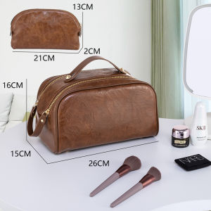 High-End Retro PU Leather Large Capacity Cosmetic Bag Womens 2024 New Style Double Zipper Makeup Travel Toiletry Storage Bag