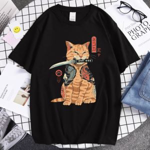 Sanrio | Summer Women 100% Cotton Short-Sleeved Breathable Samurai Cat Personalized Print T-Shirt for Casual and Loose Fit Hip-Hop Style