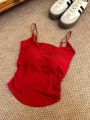 Red Slim Fit Women's Camisole Top with Chest Pad Small Strap Vest Summer Outerwear plus Size Waist Cinched Sleeveless Shirt. 
