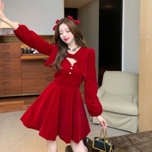 2024 New Christmas Party Outfit Gold Velvet Red Dress Womens Autumn and Winter Red Festival Dress with Shawl Coat New Year Two-piece Dress