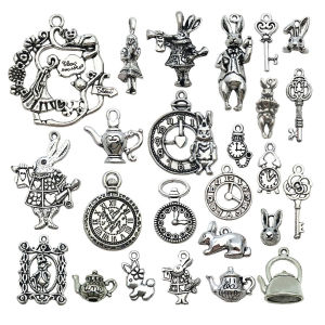44/45pcs Antique Silver Bronze Tone Alice in Wonderland Charm Tales Tea Party Steampunk Skeleton Keys Pendants for DIY Jewelry