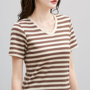 Women Short Sleeve V-Neck T-shirt Casual Tee Stripe Tops