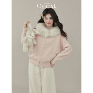 OUYANGXI | Áo Khoác Len Cổ Có Mũ Màu Hồng Dáng Rộng Lót Nỉ