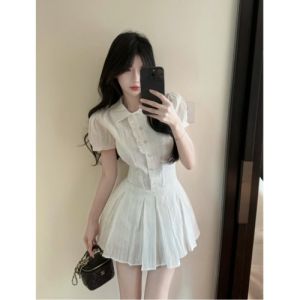 GUZILIAN | Elegant White Bubble Sleeve Shirt Dress Women Summer Sweet Short Waist Cinched First Love Skirt Commute Korean Style Dress