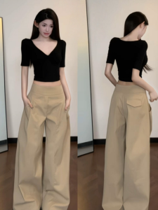 Quần Ống Rộng Cạp Cao Màu Kaki Dài Đến Sàn Cho Nữ Dáng Rộng Thoải Mái Dài 180cm Thiết Kế Lười Biếng Quần Dài Thường Ngày