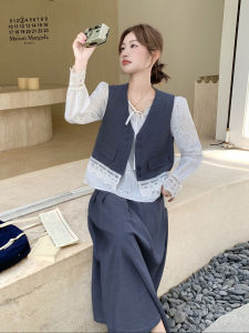Grey Fashion College Style Set Womens 2025 Autumn New Vest Shirt Pleated Mini Dress Three-piece Set Casual Loose Fit V-neck