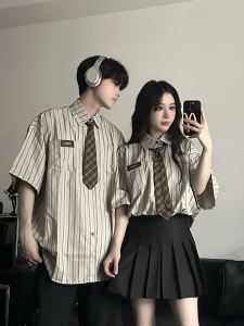 Preppy Style Couple Clothes New Arrival Retro Hong Kong Style Stripes Shirt Pleated Skirt Two-piece Set Summer Clothes a Set of Fashion
