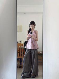 XUECAIQI | Stylish Elegant Oversized French Style Halter Neck Sleeveless Top with Wide Leg Pants Suit