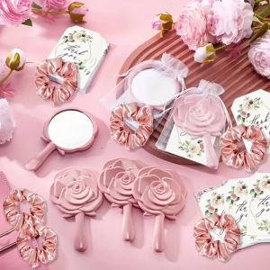 ชุดของขวัญเฉลิมฉลองงานแต่งงานธีมเจ้าหญิง 20 ชุด - กระจกแต่งหน้าดอกกุหลาบ กระเป๋าเส้นด้าย การ์ดดอกไม้ และเชือกผูกผม - ทําจากพลาสติก