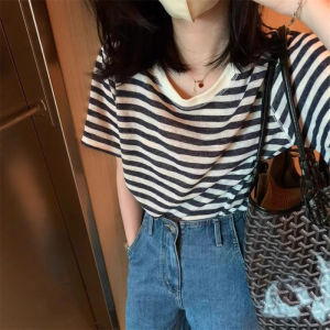 Áo Thun Cotton Lanh Sọc Cổ Tròn Tay Ngắn Mùa Hè Mỏng Rộng Rãi Thoải Mái Thường Ngày Phong Cách Hàn Quốc Dài Vừa Phải