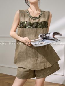 Vintage Casual Loose Sequined Sleeveless Top and Shorts Set