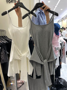 Korean Style Summer Elegant Simple Net Version Knot Waist Slimming Strap Dress Women High Waist Cotton Short Skirt A-Line Dress