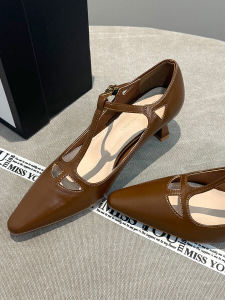 Retro Mary Jane รองเท้าเดี่ยว ผู้หญิง 2024 ใหม่ภาษาฝรั่งเศสคํา Pointed Toe Elegance One-Strap รองเท้าส้นสูงส้นปานกลาง ทันสมัย หนัง