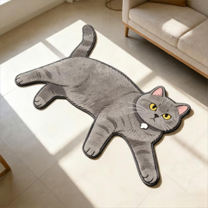 VIKAMA Lazy Stretch Tuxedo Cat Irregular Plush Rug Soft Non Slip Bedside Living Room Pet Room Balcony Rug Home Decor