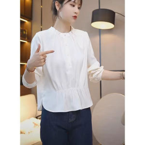 Elegant Korean Style Long Sleeve Shirt Womens Stand Collar Base Layer Top Button Detail Loose Fit Commute Autumn New Design