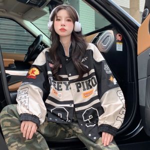 American Retro Bikers Fashion Brand Baseball Jacket Female Mens Autumn Hong Kong Style Street Loose Racing Suit Jacket Couple