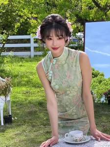 Green Sleeveless Modern Cheongsam Dress Fresh Youthful Style