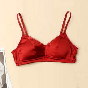 Red Triangle Cup Bralette Underwear Set French Style Thin Silk Fabric No Steel Ring Youth Female V-Neck Fixed Strap Back Double Buckle