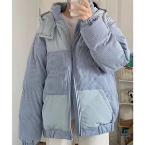 WANGGONGZHU | Thickened Corduroy Down Cotton Jacket Women Winter New Style Casual Fashion Outerwear Warm Loose Fit Hooded Zipper Closure Long Sleeve