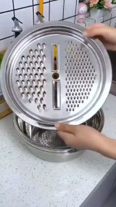 Bộ nạo inox cao cấp kèm chậu đa năng tiện dụng cho nhà bếp bộ bào nạo rau củ kiêm rổ và chậu đa năng dụng cụ nạo củ quả inox 3 món