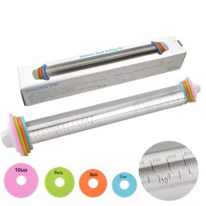 สแตนเลสสตีลปรับได้ Rolling Pin 4 ความหนาที่ถอดออกได้แหวนลูกกลิ้งแป้งอเนกประสงค์สําหรับเบเกอรี่พิซซ่า Bakeware เครื่องมือ