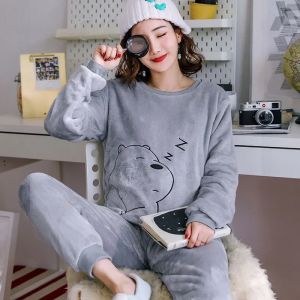 หนา WARM ชุดนอนสําหรับฤดูหนาว Flannel O-คอสาว Loungewear 2PCS ชุดสุภาพสตรีชุดนอนแขนยาวการ์ตูนหมี Loungewear