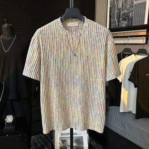 Ice Sensation Cotton Short Sleeve T-Shirt Mens Fashionable Rainbow Stripes 3D Texture Design Breathable Loose Fit Summer Top